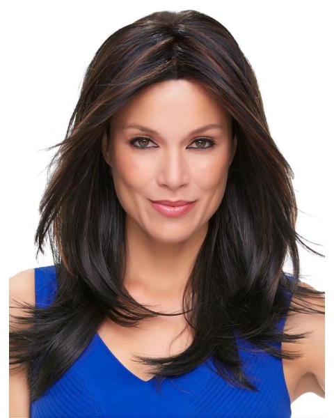 16'' Long Straight High Quality monofilament Lace Front Black Layered synthetic Women Wigs