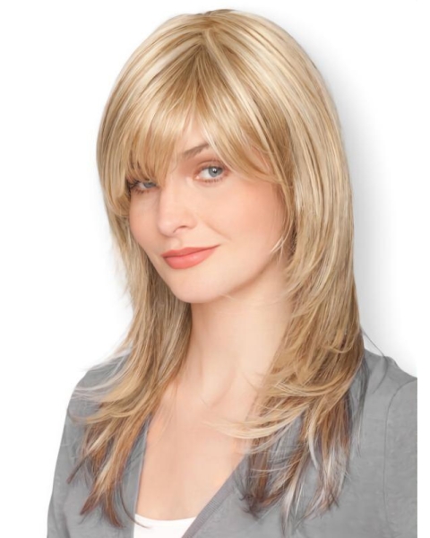 16'' Excellent Long Straight With Bangs monofilament Beautiful  Blonde Synthetic Women Wigs