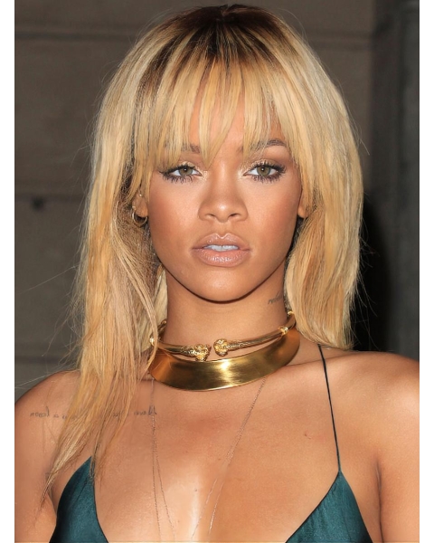 18'' Rihanna Gorgeous Blonde Long Layered Straight with Bangs Lace Front 100% Human Remy Human Hair Women Wig 