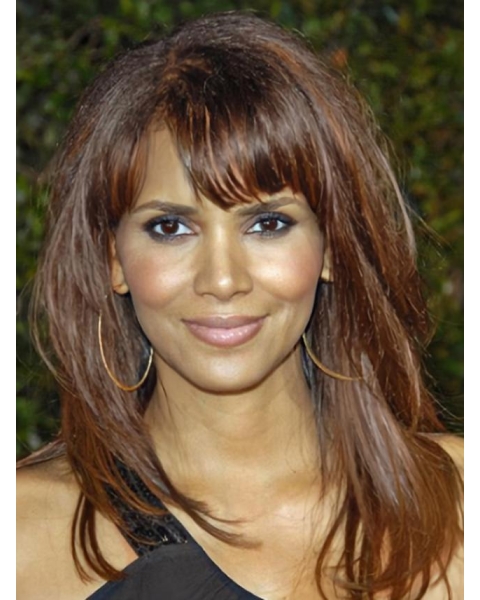 16'' Long Straight Elegant and Stylish and Feminine Mid-length  with Bangs Full Lace Human Hair Halle Berry  Wig