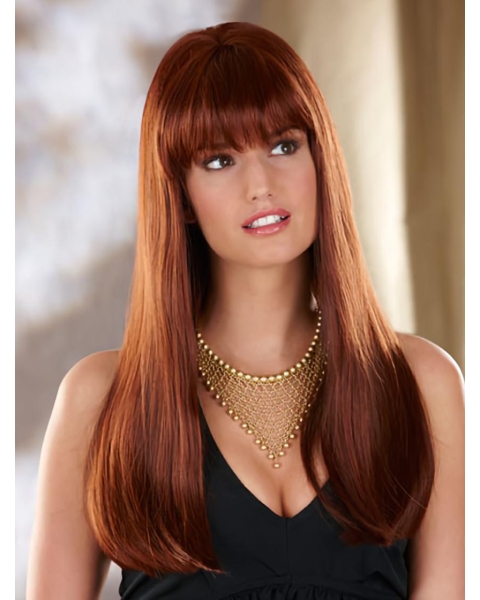 22'' Perfect Auburn Straight With Bangs Monofilament Lace Front Synthetic Long Women Wigs