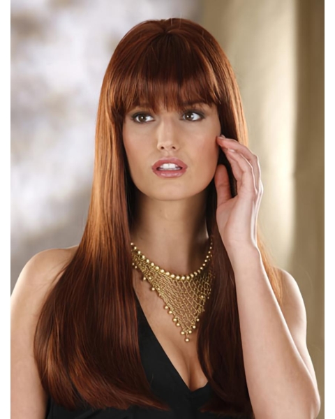 22'' Perfect Auburn Straight With Bangs Monofilament Lace Front Synthetic Long Women Wigs