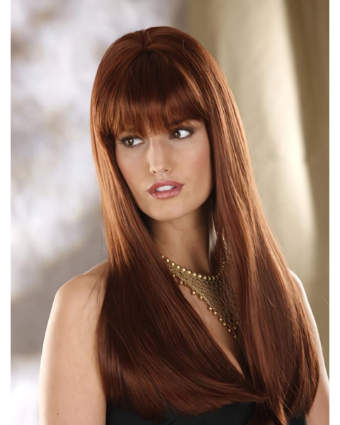 22'' Perfect Auburn Straight With Bangs Monofilament Lace Front Synthetic Long Women Wigs