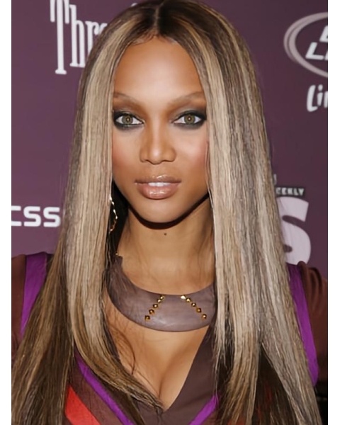 22''  Long Straight Lace Front Human Hair Women Tyra Banks Chic and Stylish Wig 