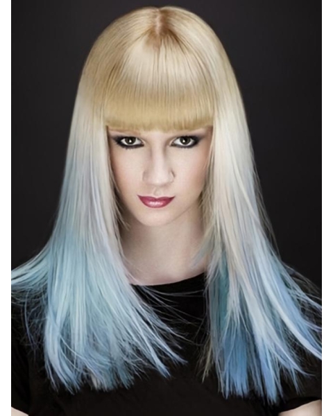 20 Inches Long Straight With Bangs Blonde to Blue Lace Front 100% Human Hair Women Ombre Wigs 