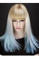 20 Inches Long Straight With Bangs Blonde to Blue Lace Front 100% Human Hair Women Ombre Wigs 