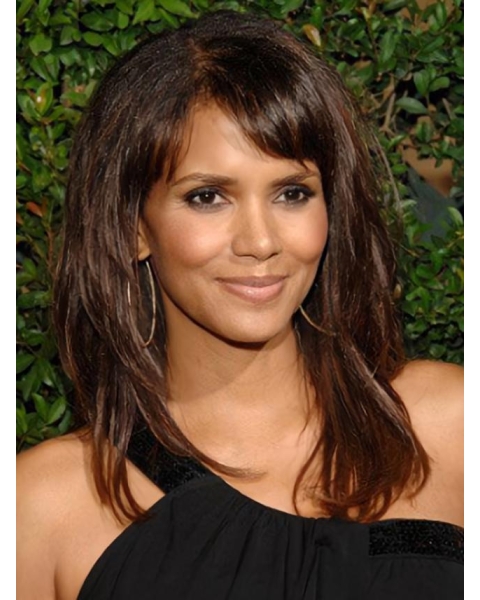 16''  Long Straight With Bangs Layered Lace Front  Remy Human Hair Women Halle Berry Wigs