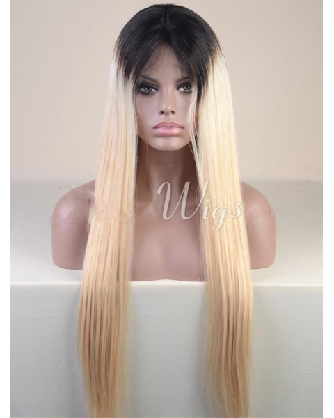 24" Long Straight Full Lace Indian Remy Human Hair Two Tone Women African American Wigs