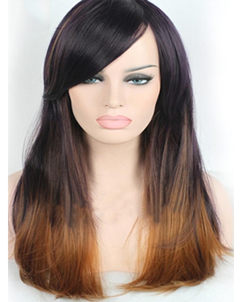 22 Inch Long Straight  With Bangs Lace Front 100% Remy Human Hair Ombre Wigs