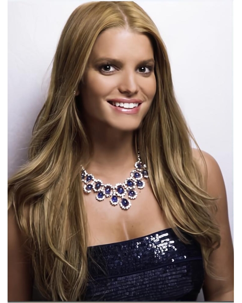 22''  Remarkable Long Straight 100% Hand-Tied Human Hair Women Jessica Simpson Wig 