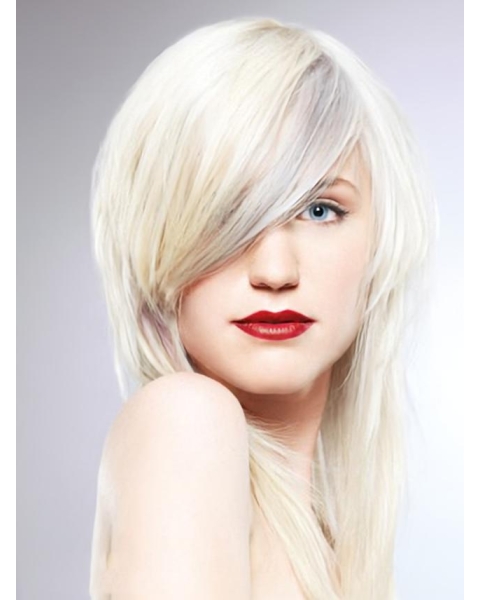 16'' Young Fashion Platinum Blonde Long Straight With Side Bangs Shoulder Length Lace Front Remy Human Hair Women Wigs