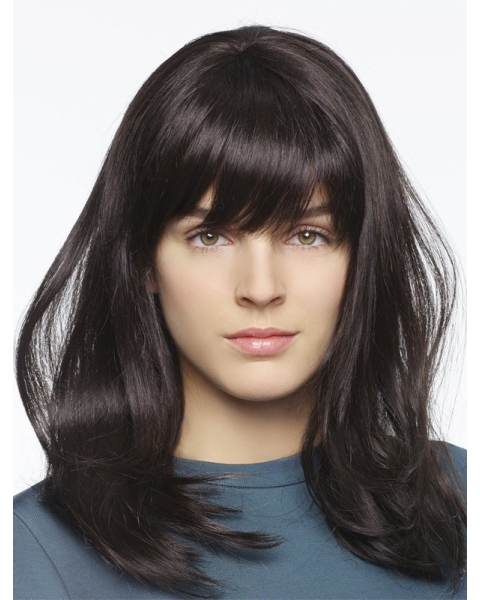 14'' High Quality Fabulous Black Long Straight With Bangs Lace Front Shoulder Length  Synthetic Women Wigs