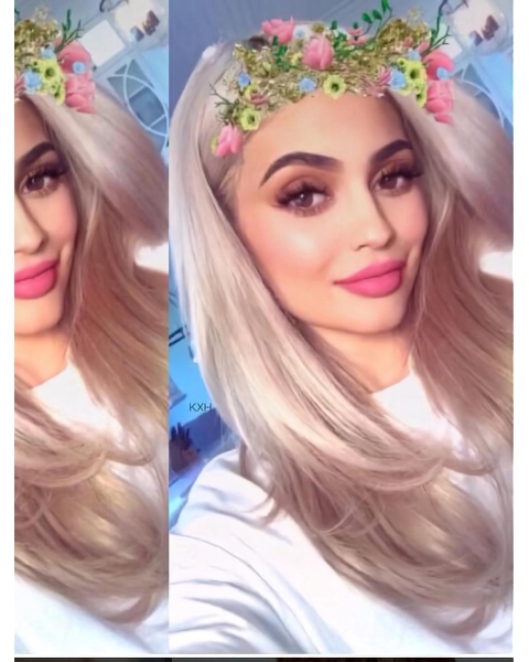 16'' Long Straight Platinum Blonde  Lace Front Synthetic Women Kylie Jenner Wigs