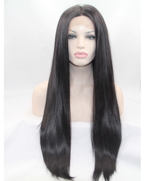 27" Long Straight Black Lace Front Layered Synthetic  Women Wigs