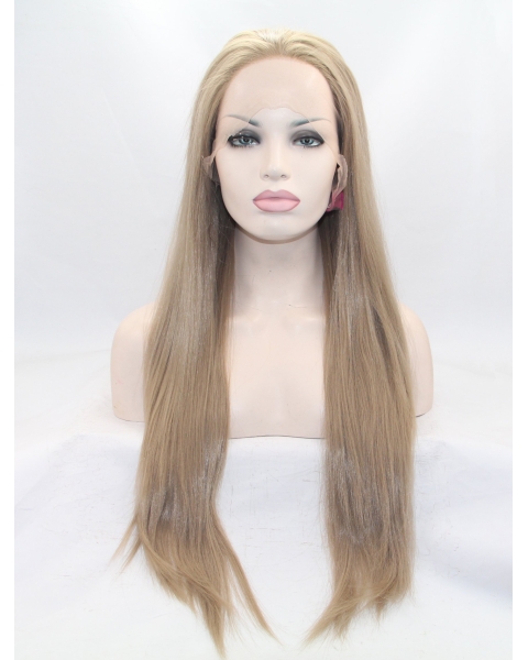 28" Long Straight Brown Layered Synthetic Lace Front Women Wigs