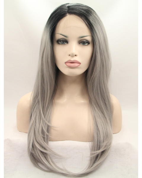 19" Straight Layered  Lace Front   Synthetic Long Grey Women Wigs