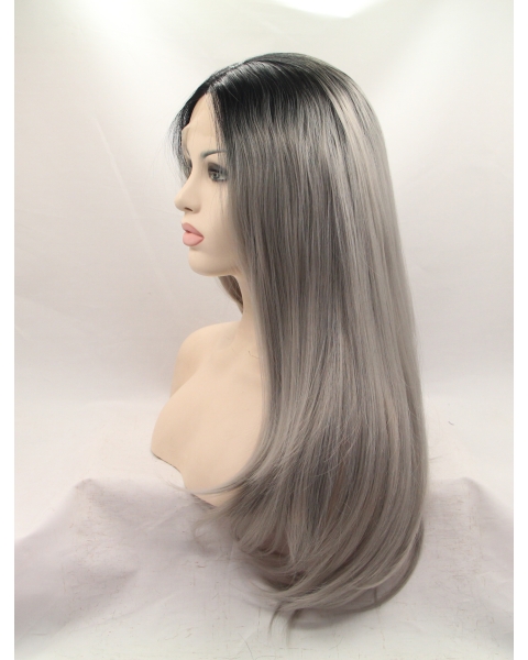 19" Straight Layered  Lace Front   Synthetic Long Grey Women Wigs