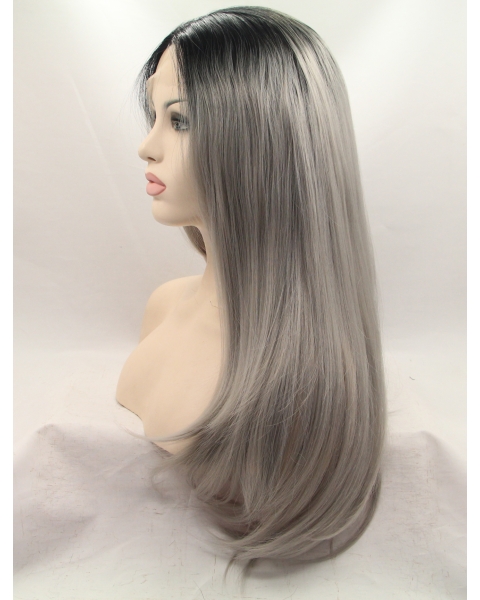 19" Straight Layered  Lace Front   Synthetic Long Grey Women Wigs