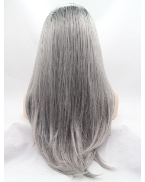 19" Straight Layered  Lace Front   Synthetic Long Grey Women Wigs