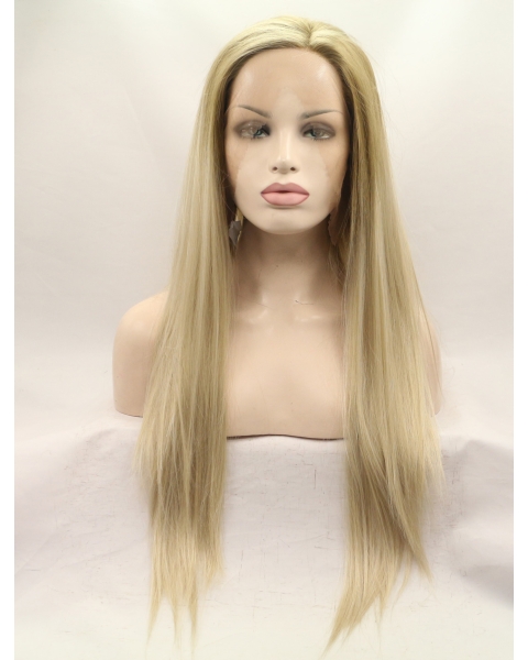 26'' Long Straight Without Bangs Blonde  Lace Front Synthetic Women Wigs