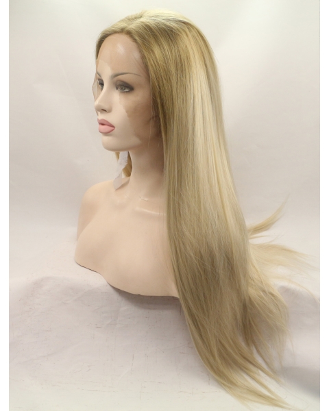 26'' Long Straight Without Bangs Blonde  Lace Front Synthetic Women Wigs