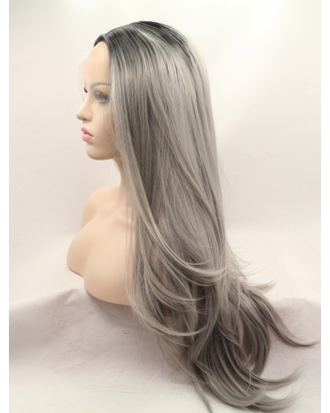 27'' Long Straight  Lace Front Layered Synthetic Grey Women Wigs