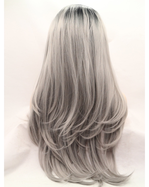 27'' Long Straight  Lace Front Layered Synthetic Grey Women Wigs