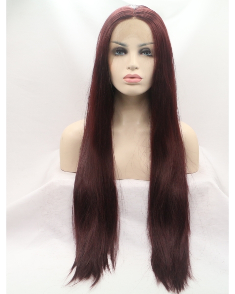 32 ''  Long Straight  Without Bangs  Lace Front  Auburn Long  Synthetic Women Wigs