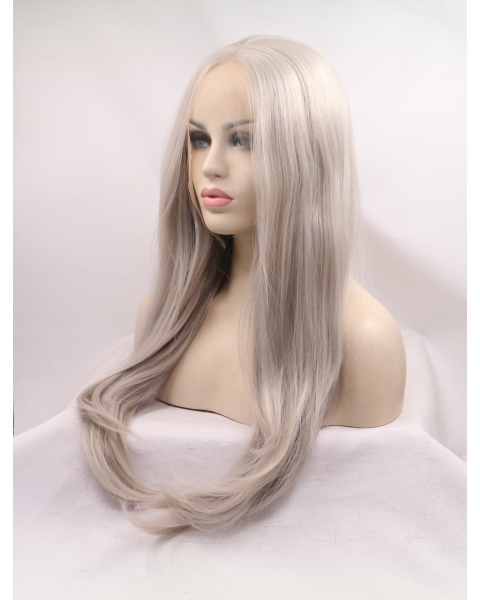 21'' Long Straight  Without Bangs Lace Front  Synthetic  Grey Women Wigs