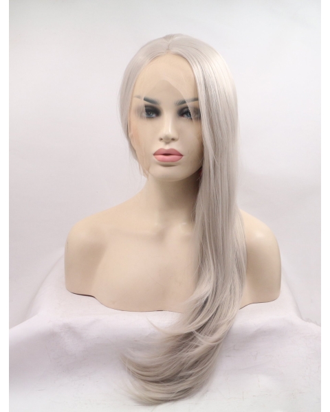 21'' Long Straight  Without Bangs Lace Front  Synthetic  Grey Women Wigs