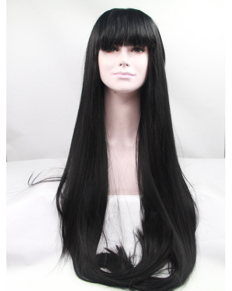 42'' Long Straight Lace Front With Bangs Black  Synthetic Women Wigs