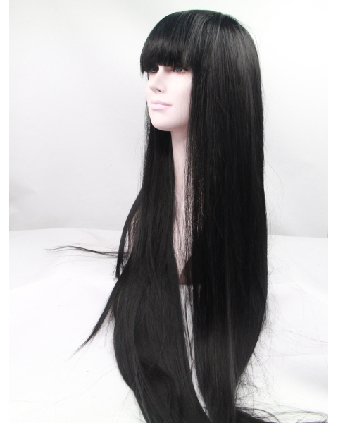 42'' Long Straight Lace Front With Bangs Black  Synthetic Women Wigs