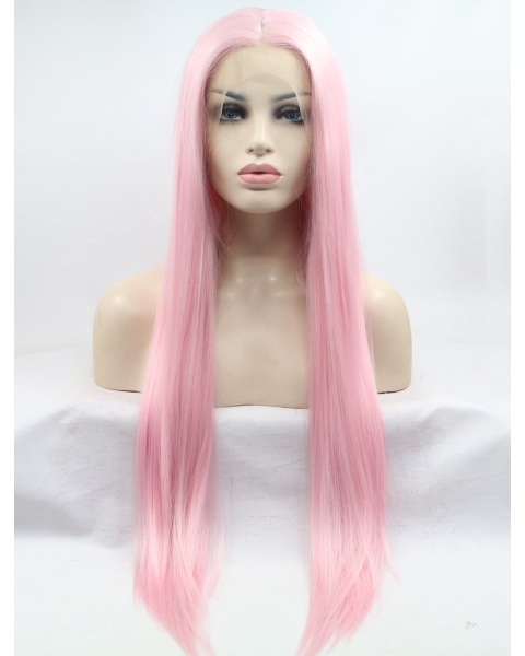 30'' Long Straight Without Bangs  Lace Front  Pink  Synthetic Women Wigs