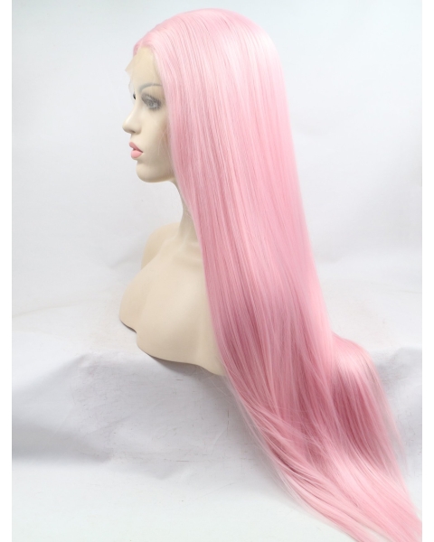 30'' Long Straight Without Bangs  Lace Front  Pink  Synthetic Women Wigs