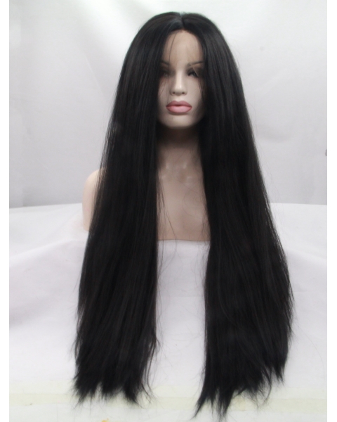 30'' Long Straight Without Bangs Lace Front  Black  Synthetic Women Wigs