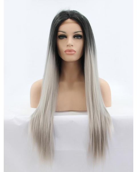 26" Straight Without Bangs  Lace Front  Synthetic Ombre/2 Tone Women Wigs