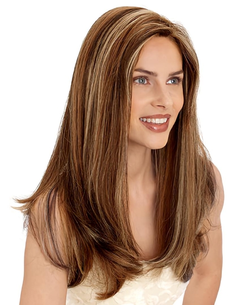 23'' Online Brown Straight Capless Long Human Hair Women Wigs