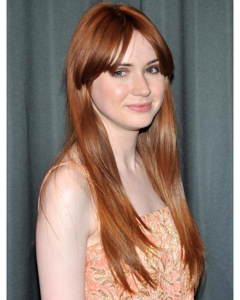 22" Long Straight Full Lace With Bangs Auburn Women Trendy Karen Gillan Wigs