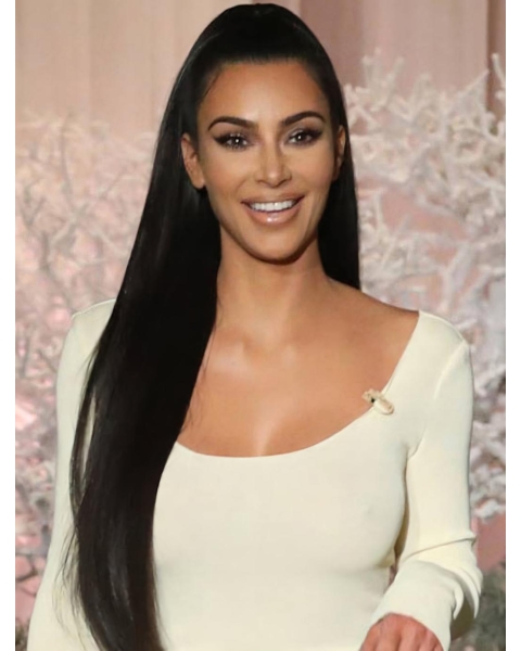 22" Long Straight Black Full Lace Synthetic Women  Kim Kardashian Wigs