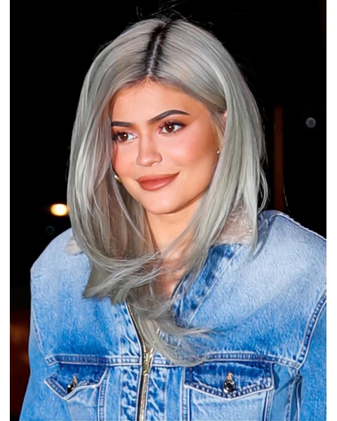 16''Long Straight Platinum Blonde  Capless  Synthetic Women Kylie Jenner Wigs