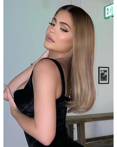 16" Straight Long Without Bangs  Lace Front Blonde Synthetic Women Kylie Jenner Wigs