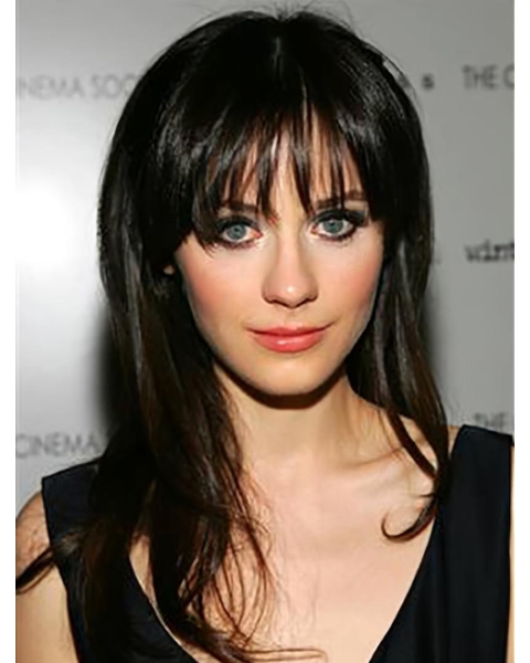 18"  Long Straight With Bangs Lace Front Black Remy Human Hair Women Zooey Deschanel Wigs