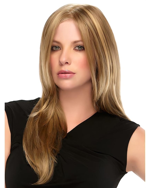 Blonde Long Straight Without Bangs 100% Hand-tied Mono Top Synthetic Women Wigs