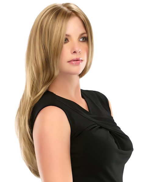 Blonde Long Straight Without Bangs 100% Hand-tied Mono Top Synthetic Women Wigs