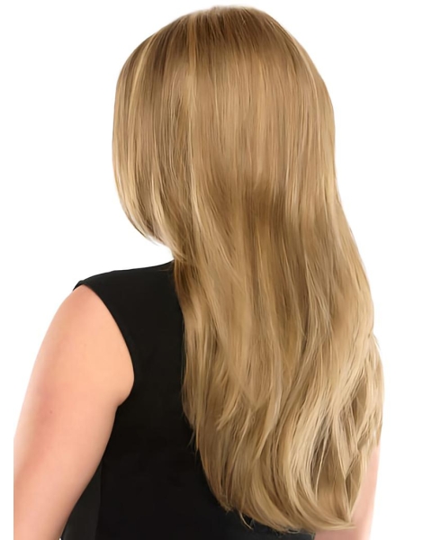 Blonde Long Straight Without Bangs 100% Hand-tied Mono Top Synthetic Women Wigs