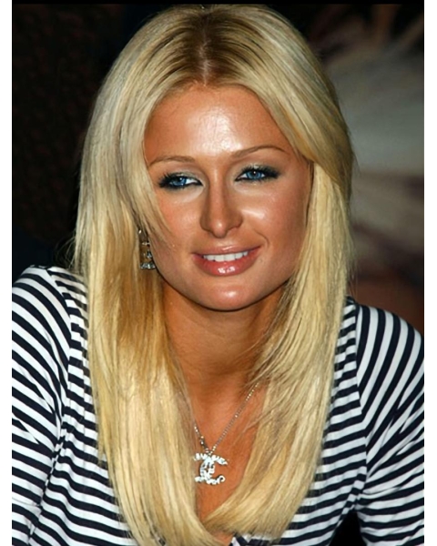 Easy Blonde Straight Without Bangs 100% Hand-Tied Lace Front Monofilament Top Long   Remy Human Hair Women Paris Hilton Wigs