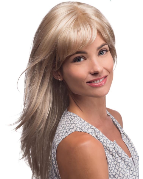 20'' Amazing Straight With Bangs Blonde Monofilament Lace Front Remy Human Hair Long Women Wigs