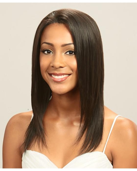 Fashionable Shoulder Length Straight Without Bangs Lace Front  Indian Remy Human Hair Long Women Wigs