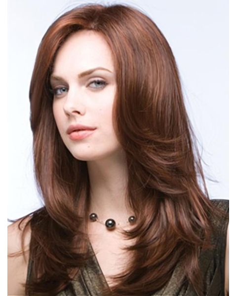 Auburn Layered Straight Without Bangs 100% Hand-tied Mono Top Polite Synthetic Woomen Wigs For Cancer