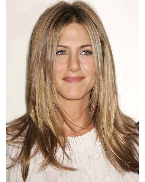 18'' Straight Without Bangs No-fuss Blonde Monofilament Lace Front Long Human Hair Women Jennifer Aniston Wigs